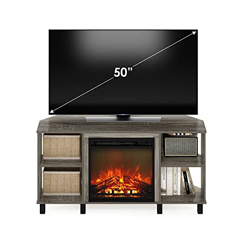 Image of Furinno Jensen Corner Fireplace TV Stand with 4 Open Compartments for TV up to 55 Inches, French Oak Grey