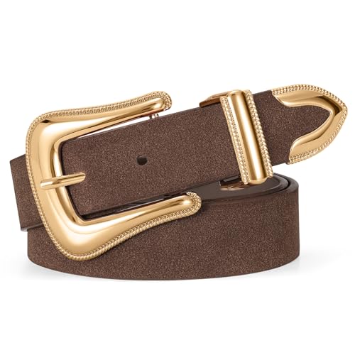 XZQTIVE Womens Western Suede Leather Belt with Retro Gold Buckle Adjustable Cowgirl Belt for Jeans Dresses & Country Style