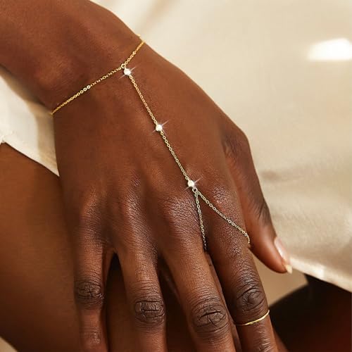 Image of Long tiantian Hand Chain Bracelet Gold Link Finger Ring Slave Bracelet