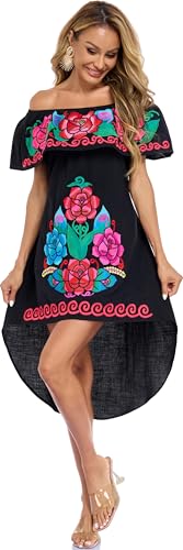 Image of YZXDORWJ Women's Mexican Asymmetrical Dress Embroidered Floral Off-Shoulder Cocktail Latina Fiesta Dress