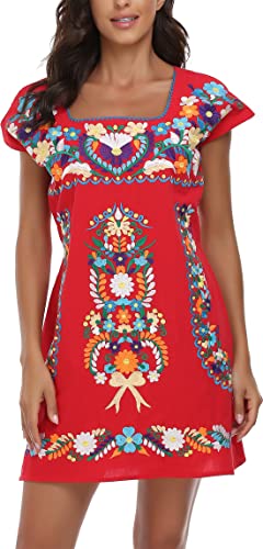 Image of YZXDORWJ Women Mexican Embroidered Dress Ruffle Collar Sleeveless