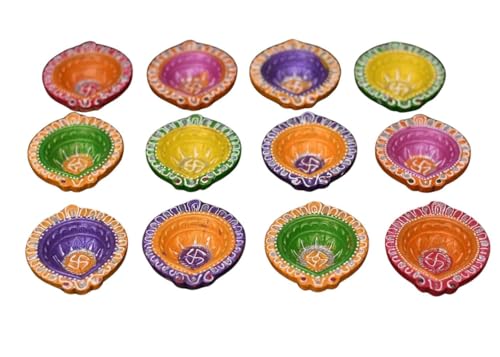 Image of CraftVatika 12 Pcs Diya for Puja, Clay Diyas for Home Decorations, Festive Decor, Natural Clay Diyas for Diwali, Decorative Handpainted Mitti Diya Diwali Decorations for Home