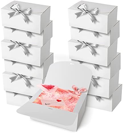 ICokin 12 PCS Gift Boxes with Lids, 10x10x4 Inch White Gift Boxes For Present, Kraft Paper Gift Box With Ribbon , Bridesmaid Proposal Box For Wedding, Birthday, Party, Packaging,baby shower，Present Crafting