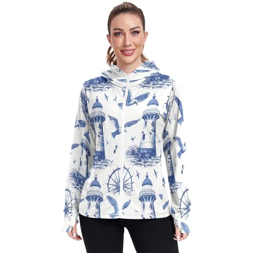 Nander Blue Retro Lighthouse Women's UPF 50+ Sun Protection Hoodie Jacket Full Zip Long Sleeve Sun Shirt