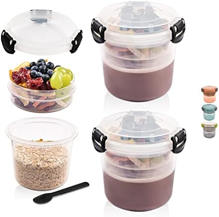 Overnight Oats Containers with Lids Set of 2,20OZ Overnight Oats Jars,Leakproof Food Storage Containers for Oatmeal,Yogurt with Spoon,Cereal Milk Breakfast On The Go Cups,Meal Prep Container