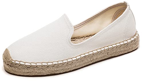 U-lite Women's Classic Slip on Flat Shoes Casual Cap-Toe Platform Simple Espadrille Canvas Loafers White Canvas 8