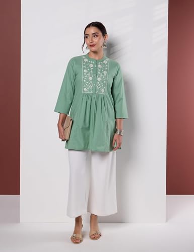 Image of Amazon Brand - Myx Women Pure Cotton Embroidered Short Kurti | Tunic | Short Kurta (Available in Plus Sizes)
