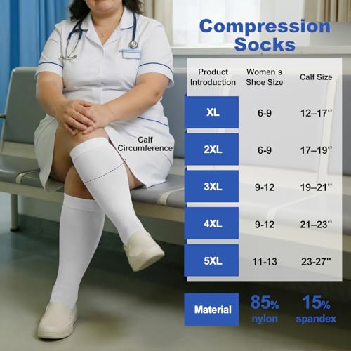 Image of Plus Size Compression Socks for Women Men Wide Calf L /XL-5XL (15-20mmhg) Knee High Socks Support Compression Stockings for Nurses and Flying
