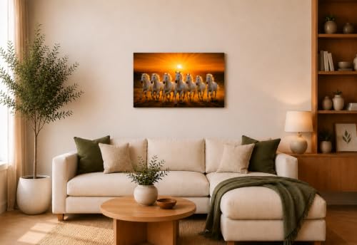 Image of 7 Horse Vastu Sunrise Canvas Painting | Positive Energy Wall Decor | Big Size Premium Running Horses Artwork for Home, Office & Hall Decoration (Modern, Sun White Horse, 26x18 Inch)