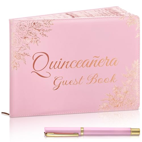 MotiMind Quinceañera Guest Book with Pen 11 x 8 Inch Libro De Firmas Para 15 Años Quinceanera Leather Hardcover Signature Book Guest Sign in for 15th Party Favors Decoration(Pink,Floral)