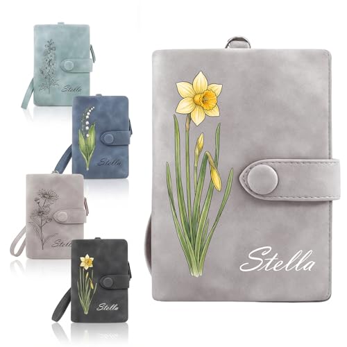 Image of Custom Wallet for Women Personalized Birth Flower & Name Purse Soft Leather Bifold Clutch with Strap Customized Gift for Mom Girlfriend