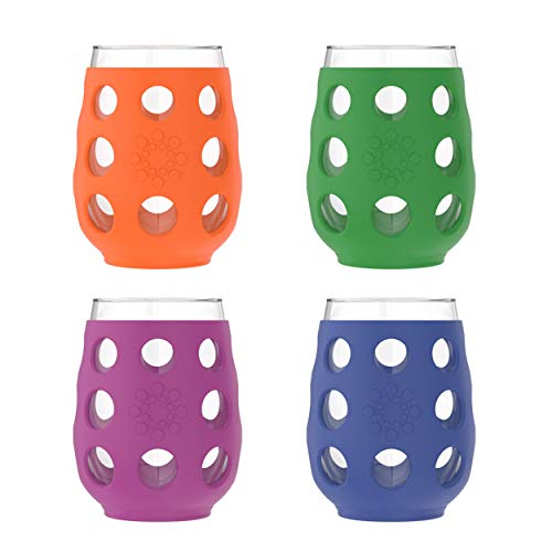 Lifefactory Wine Glass with Protective Silicone Sleeve, 4 Count (Pack of 1), Orange, Cobalt, Grass...
