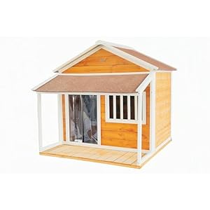 Indoor-Outdoor Wooden Dog House, Porch, Asphalt Roof, Plastic Door Curtain, Ventilation Windows, Brown, Weatherproof, Small to Medium Dog, Puppy Kennel