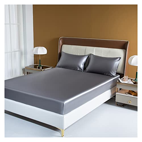 LSYHHXC Sabanas Saten Sábana Ajustable de satén Lujo Funda colchón Individual Doble tamaño Queen con Banda elástica Color sólido(Yin hui,203x198x25cm)