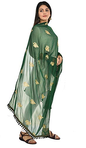 Image of YOUTHQUAKE Golden Patti Embroidered Work Chiffon Dupatta for Womens & Girls with Jaalar Lace