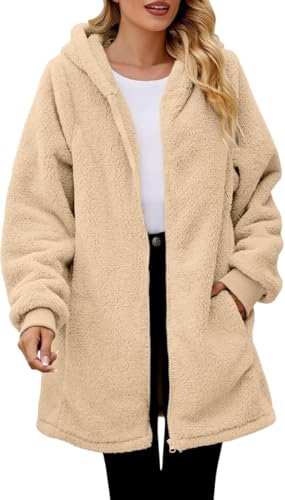 Kenhansion Womens Oversized Sherpa Jacket with Hood Zip Up Warm Comfy Fuzzy Fleece Hooded Sweater Fall Faux Fur Outwear Coats (Apricot,Large)