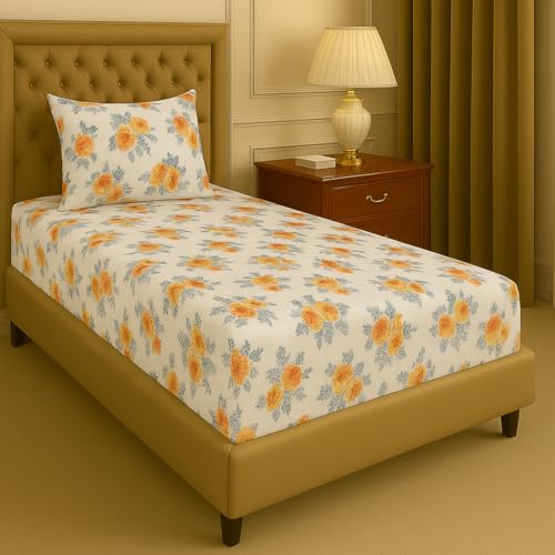Image of Premium Cotton Elastic Fitted Bedsheets with 1 Pillow Covers |Floral Printed Single Bed Elastic 220 TC Supersoft Breathable & Wrinklefree | for 72x36+6 Inches, Home Story White Orange