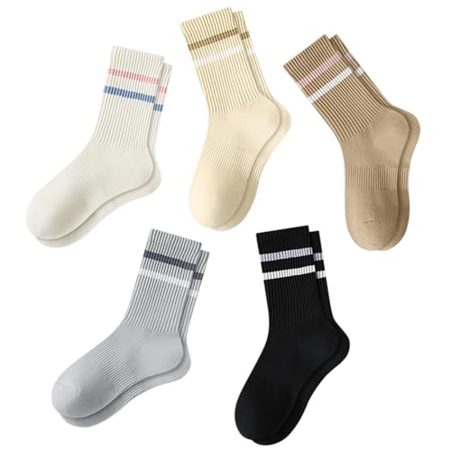 5 Pairs Cotton Crew Socks for Women, Casual Retro Soft Cozy Athletic Breathable Striped Tube Socks