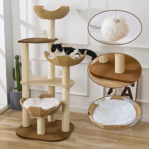 Torre para gatos moderna con cesta tejida y postes de sisal miniatura 7