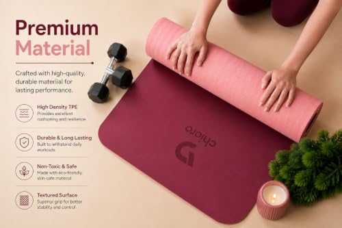 Image of Premium Yoga Mat 6mm Thick for Women & Men | Non-Slip Exercise Mat for Home Workout, Yoga, Pilates & Stretching | Extra Cushioning, Sweat Resistant, Anti-Tear | Wine Peach