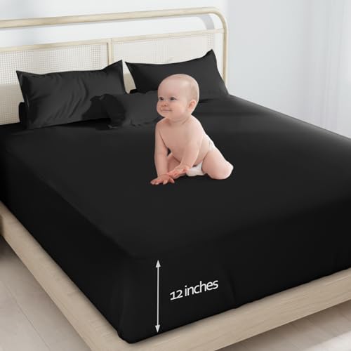 Image of Twin Fitted Sheet Soft Twin Size Fitted Sheets for Kids Boy Up to 12 Inches Deep Procket, Single Size Bed Mattress Sheets Stretchable and Breathable Jersey Knit Cover, Bottom Sheet Only, Black