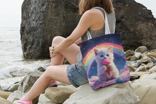 Cat Tote Bag- Rainbow Kitten Beach Bag for Girls, Pretty Cute Colorful Reusable Shopping Bags, Fun Kids Travel Totes4