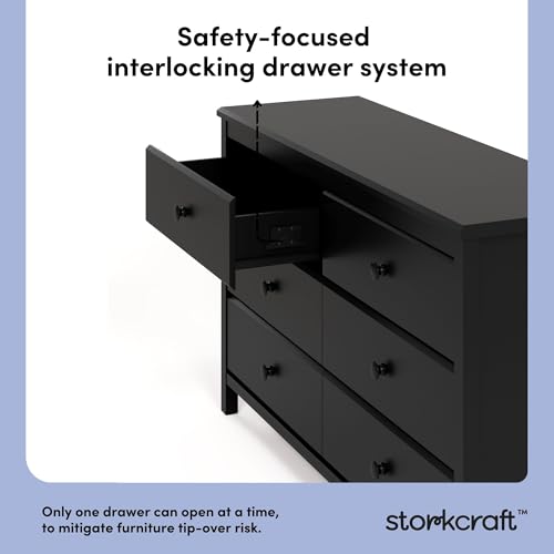Image of Storkcraft Alpine 6-Drawer Dresser (Black) - GREENGUARD Gold Certified, Black Dresser for Bedroom, Kids & Nursery Storage Drawers, Safety Interlocking Drawers, Pre-Installed Tracks, Kids Bedroom