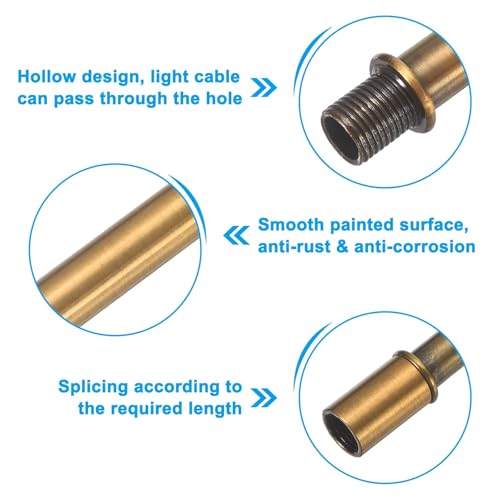 Image of PATIKIL Straight Pipe Lamp Stems Rod Kit, 2 Set M10 Carbon Steel 150mm(5.91 inch) Long Double End Thread Rod with Coupling Nuts Sleeve Connector for Table Lamps Chandeliers,Copper Gold