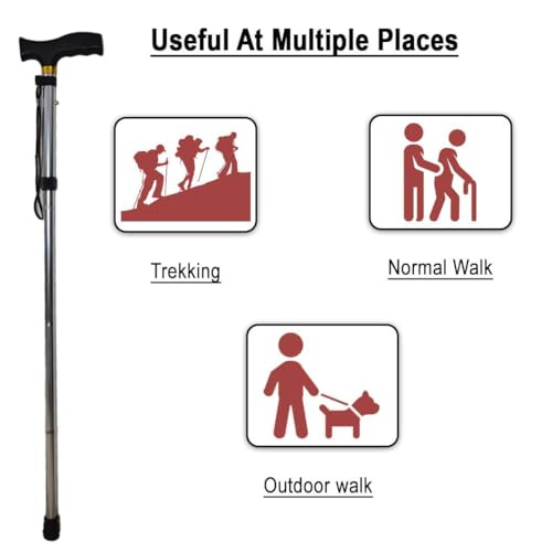 Image of Dr Care 4 Folding Walking Stick for Old Age | Aluminum | Adjustable Height 85-95 cm | Lightweight | Anti Slip | Ergonomic Handle | Rubber Tip | Wrist Strap (Silver)