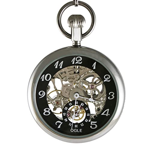 Image of OGLE 3ATM Waterproof Large Size Classic Skeleton Vintage Stainless Steel Case Fob Manual Winding Hand Wind Manual Mechanical Pocket Watch with Stainless Steel Chain