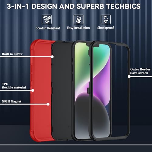 Image of SunStory Compatible with iPhone 13 /14 Case with HD Screen Protector, 3-Layer Heavy Duty Full-Body Cover,3 in 1 Hybrid Protective Case for iPhone 13 /14 6.1 inch, Red