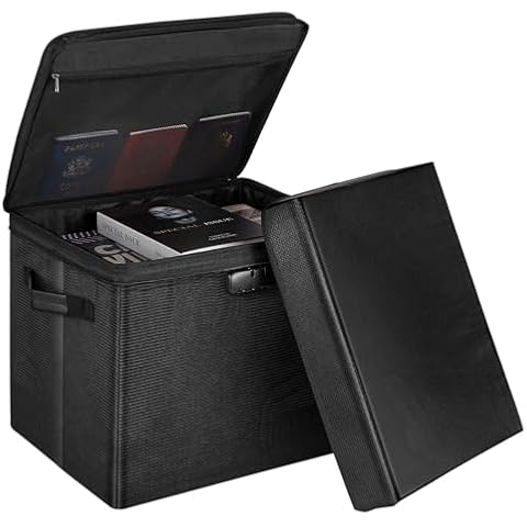 Storage Ottoman with Lock, Fireproof Folding Ottoman Foot Rest Stool Storage Chest with Storage Safe for Important Documents, Fireproof Document Box File Organizer Box 15.3 x 12 x 14.2 inch (Black) Cover