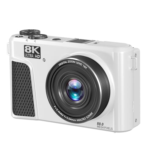 Luqeeg 88MP 8Kカメラ、18xズームオートフォーカス、3インチ180フリップスクリーン、レンズキャップ付きデュアルバッテリーWiFiミラーレスカメラ、写真用の32GBメモリカード、vlog、録音ランドスケープ (白)