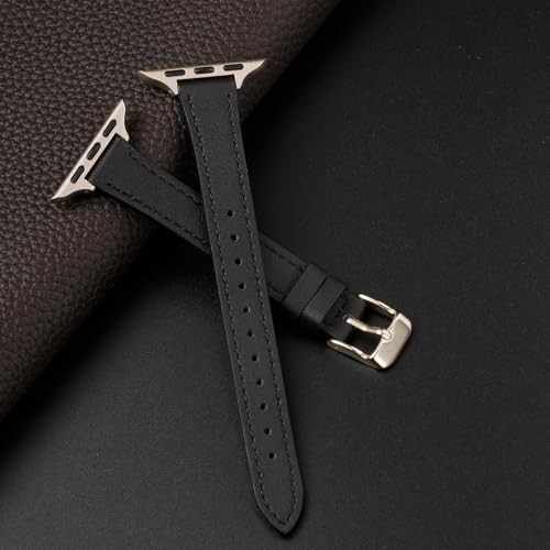 Image of STIROLL Slim Leather Bands Compatible with Apple Watch Band 38mm 40mm 41mm 42mm(Series 11 10), Top Grain Leather Watch Thin Wristband for iWatch SE 9 8 7 6 5 4 3 2 1 (Black Starlight)