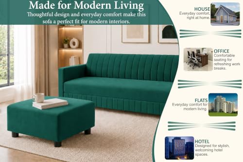 Image of Modern 3-Seater Velvet Sofa with Ottoman | Vertical Channel Tufted Backrest | Plush Cushioned Seating | Stylish Contemporary Sofa for Living Room, Bedroom & Office | Green