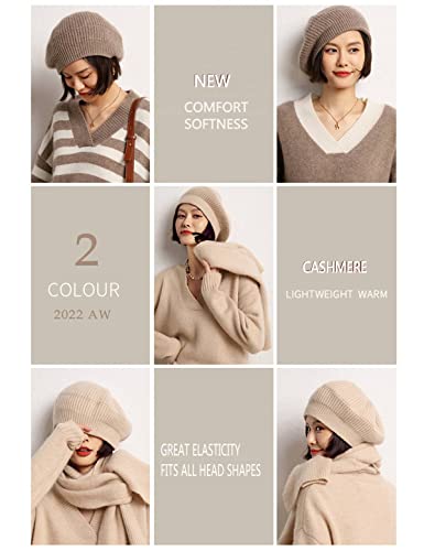 Image of Cashmere Berets Hats Women Winter Warm Merino Wool Knitted Oversized Beige Beanie