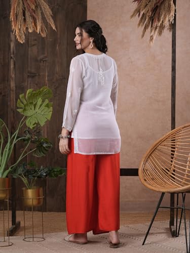 Image of Ada Women's & Girl's Georgette Hand Embroidered Lucknow Chikankari Regular Fit Short Kurti Top with Slip A911300