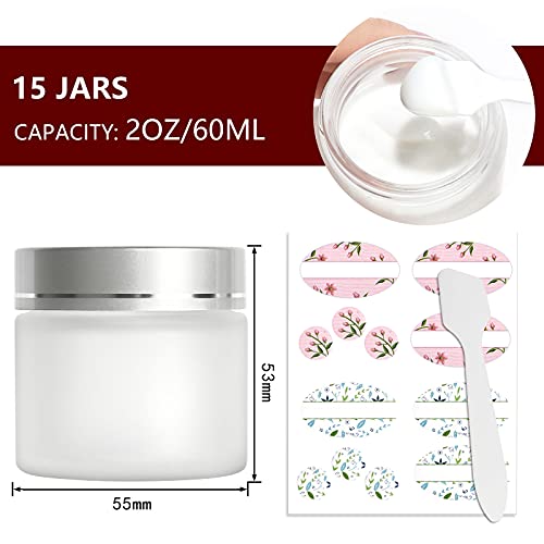 15 Pack, 2 oz 60ml Frosted Glass Jars with Silver Lids & Inner Liners, Empty Matte Clear Round Refillable Cosmetic Containers Travel Jars for Cosmetics,Body Butter,Scrubs,Face Cream Lotion and More2