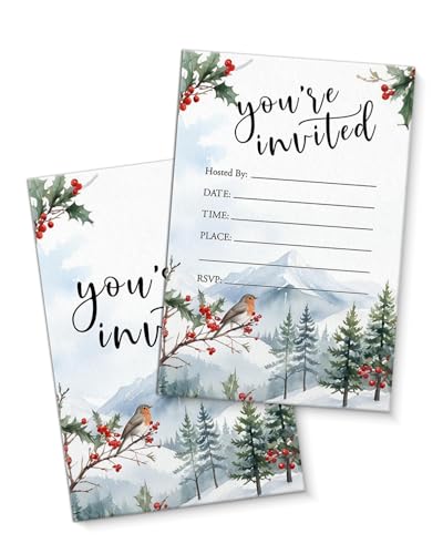 QZJ Christmas Party Invitations Supplies with Envelopes Set of 20 Winter Woodland Robin Party Invites Fill in Blank Double Sided