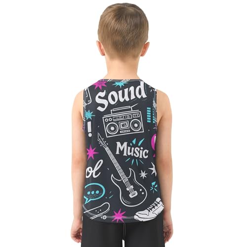 JUNZAN Music Doodle Black White Boys Tank Top Sleeveless Teens Vest Basketball Tshirt for Basketball Sports Beach 3T3