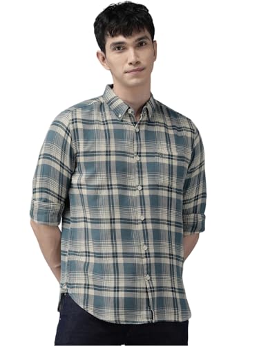 Image of THE BEAR HOUSE Men's Checked Slim Fit Flannel Casual Shirt | Blue & White | TBH-BASTA-BL