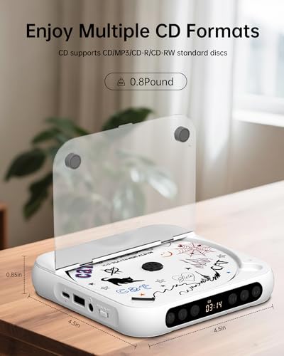 Image of ENVYCLOUD CD Player Portable with Stereo Speakers, Rechargeable Portable Player with Bluetooth for Home with Headphones, Support CD /AUX /USB,White