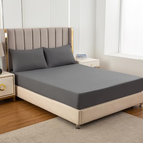 Soifox Double Fitted Sheets 40 cm Extra Deep Pocket Dark Grey Bed Sheets 16 inch - Image 3