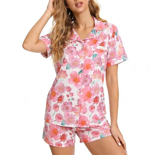Image of LYCY Womens Pajamas Set Floral Print, Soft Pajamas for Women Shorts Set, Summer Button Down 2 piece Women Pjs