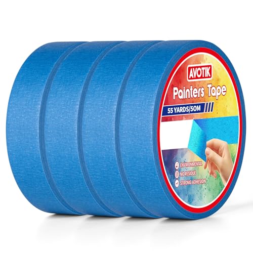 Avotik Blue Painters Tape 4 Rolls: Masking Tape 24 mm Wide x 55 Yards - Painters Tape Blue Masking Tape for Walls Painting Packing Wood Floors DIY Total 220 Yards (4 rolls-24mm x 50m)