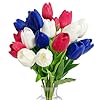 18 pcs 13 inches artificial tulip flowers bouquet red white blue faux tulips with green leaves patriotic flower stems for home decor 4th of july memorial day and cemetery grave floral arrangement  urban country home decor