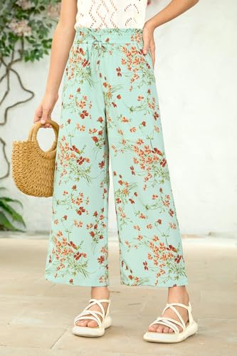Image of Girls Summer Floral Wide Leg Pants High Waisted Flowy Dress Trousers with Pockets for School Lounge Beach 5-14 Years