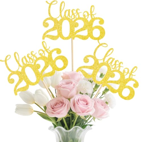 Image of Class of 2026 Decorations - 20 Pcs Gold Graduation Centerpieces for Tables, Double-Sided Gold Graduation Decorations 2026 with Grad Toppers for Bouquets