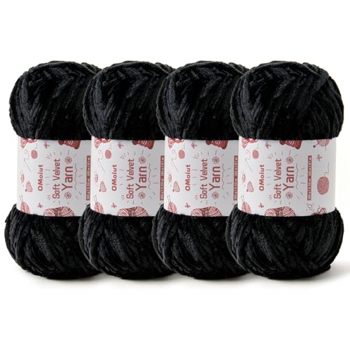 Image of 4x100g Fluffy Velvet Chenille Yarn for Crocheting and Knitting, 4x80m (87.5yd) Baby Yarn for Crocheting Soft, Crochet Chunky Yarns Amigurumi Yarns (4 Black)