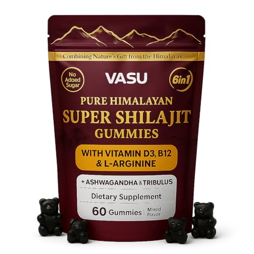 Vasu 6 in 1 Himalayan Shilajit Gummies for Men & Women with Vitamin D3 & B12 L-Arginine Ashwagandha & Tribulus - Sugar Free Shilajit Resin - 60 Counts for Energy Support - Lab Tested